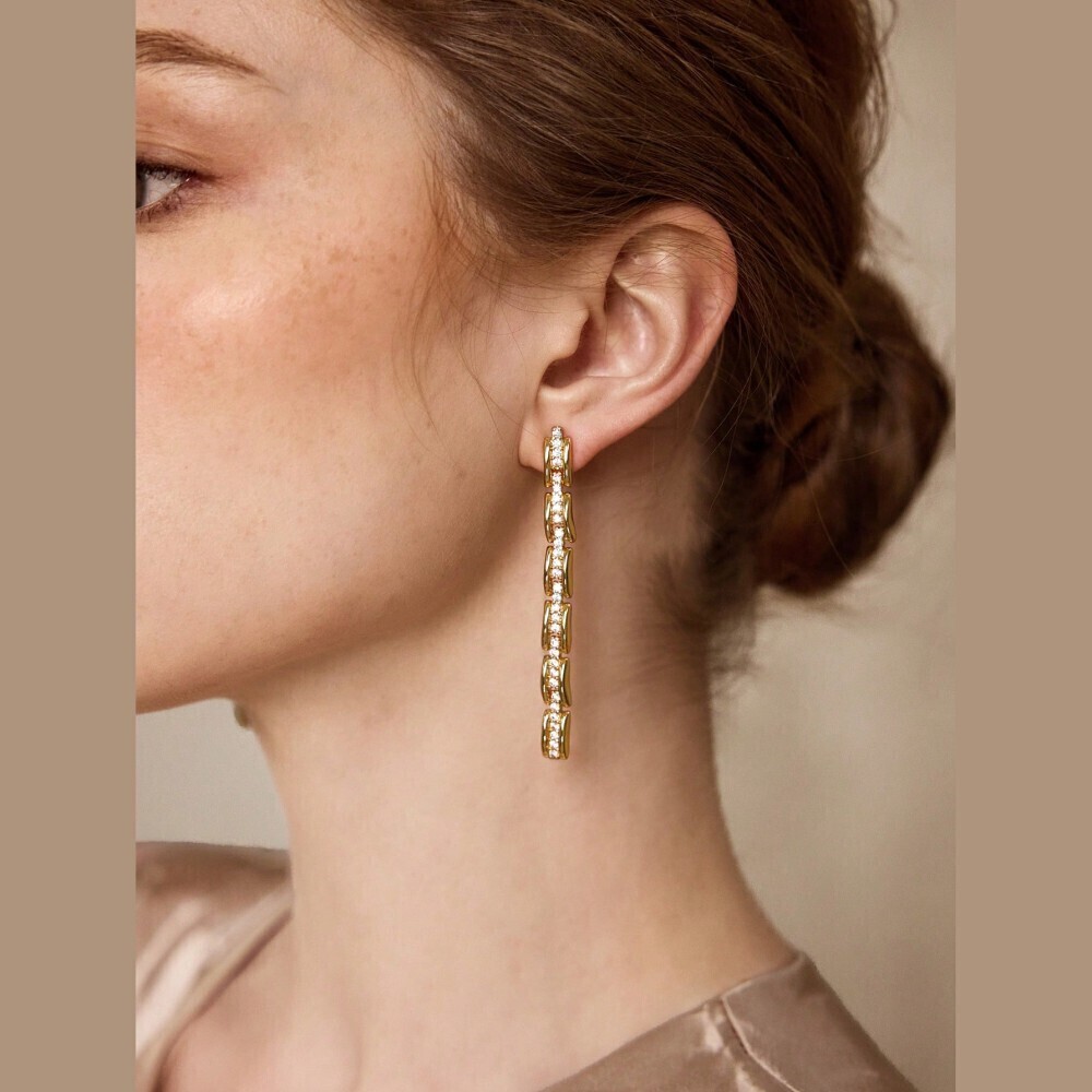 Gold Linked Bar Rhinestone Drop Earrings